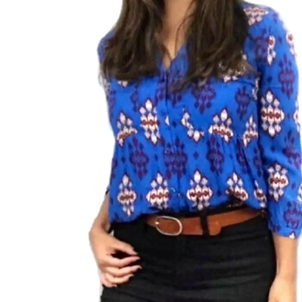 Anthropologie Woodland Walk Button Down Blouse Blue Long-Sleeve Tunic Top